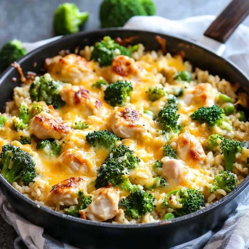 Close-up of One Pan Chicken Broccoli Rice Casserole showing melty cheese, tender chicken, and broccoli florets in a golden baked finish.