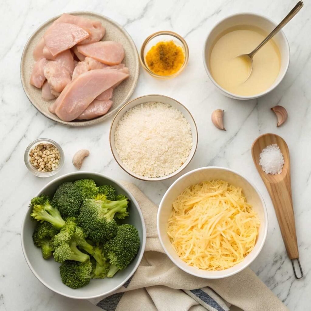 Fresh ingredients for One Pan Chicken Broccoli Rice Casserole including chicken, broccoli, rice, and cheddar arranged on a marble surface.