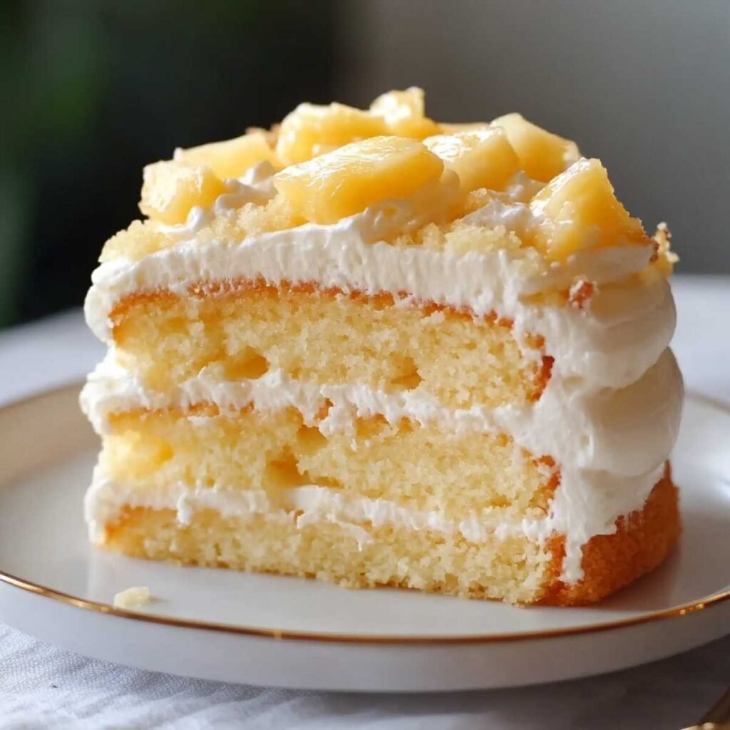 Slice of Pineapple Cloud Cake with whipped cream layers and pineapple chunks on top, inspired by the Starbucks summer dessert.