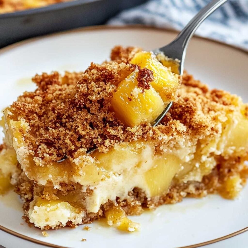 Close-up of Pineapple Dump Cake showing golden crumb topping and juicy pineapple chunks, served on a white plate with crispy texture.