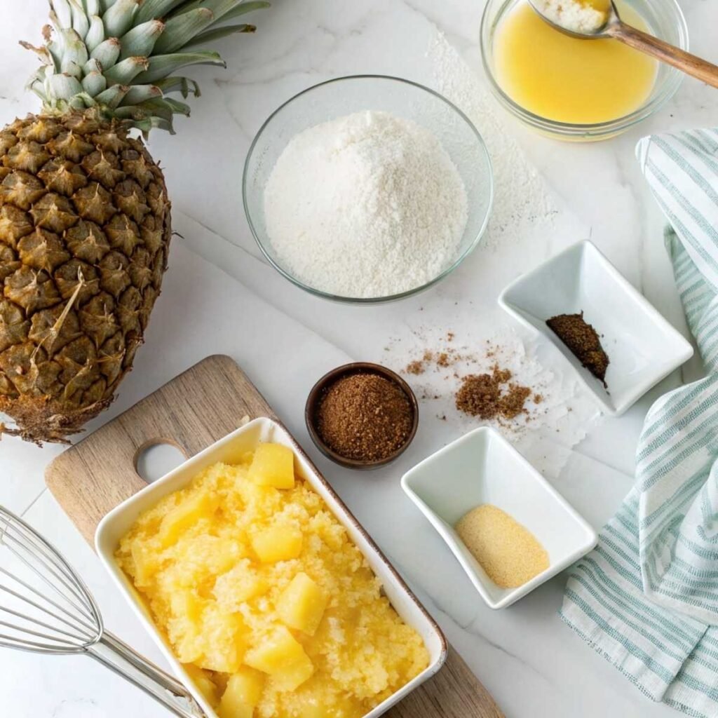 Fresh ingredients for Pineapple Dump Cake including crushed pineapple, cake mix, butter, and brown sugar on a bright marble surface.