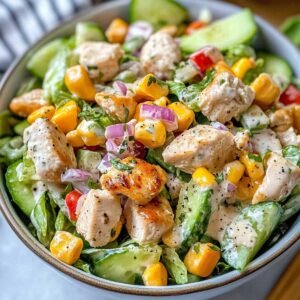 Ranch Chicken Salad on a modern marble countertop, showcasing its creamy texture with visible grilled chicken, corn, and red onion.