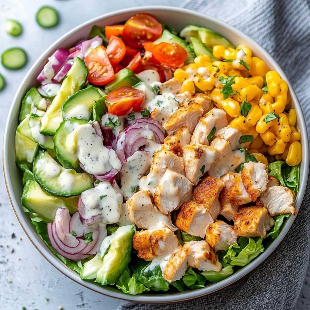 Close-up of Ranch Chicken Salad showing juicy grilled chicken, creamy ranch drizzle, sweet corn, and sliced vegetables on a fresh lettuce base.