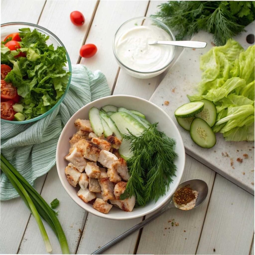 Fresh ingredients for Ranch Chicken Salad including shredded rotisserie chicken, Greek yogurt, celery, and dill arranged on a white wood surface.