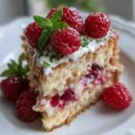 Raspberry Lemon Cake on white plate with creamy frosting, fresh raspberries, and mint garnish, showing visible layered berry filling.