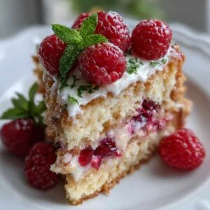 Raspberry Lemon Cake on white plate with creamy frosting, fresh raspberries, and mint garnish, showing visible layered berry filling.