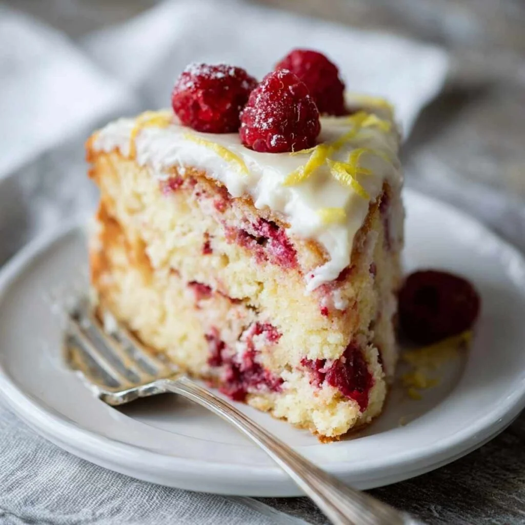 Close-up of Raspberry Lemon Cake showing lemon zest, raspberries, and creamy frosting, served on a ceramic plate with fork.