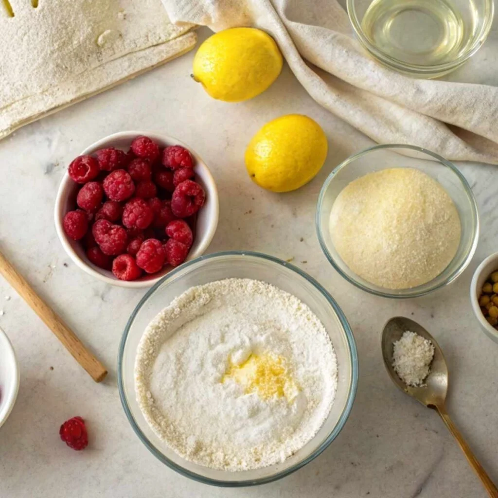 Fresh ingredients for Raspberry Lemon Cake including raspberries, lemons, Greek yogurt, and flour arranged on a modern marble surface.