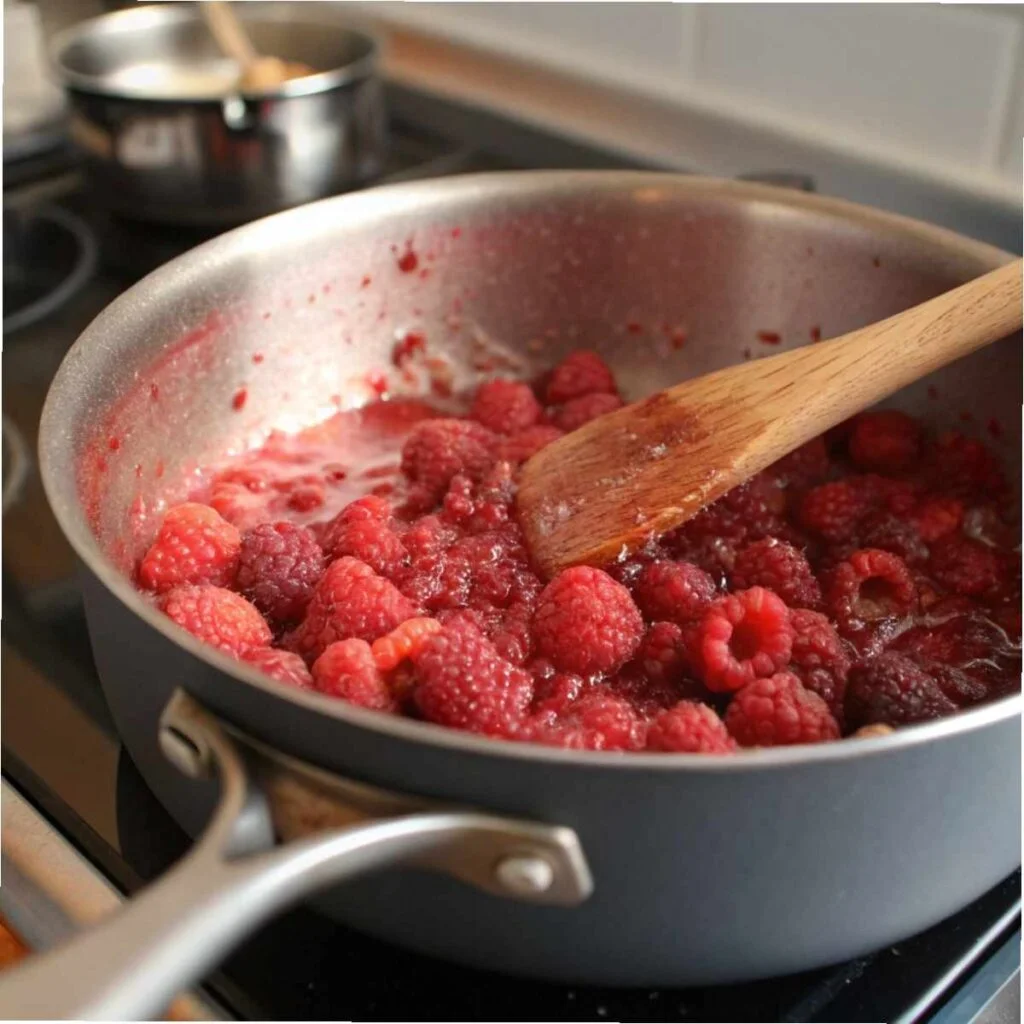 Stirring raspberry filling for Raspberry Lemon Cake - step 1 showing thickened texture and bubbling berries.