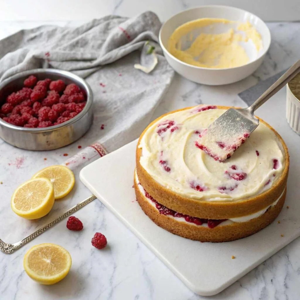 Assembling Raspberry Lemon Cake - step 12 showing layer with raspberry filling being spread with offset spatula.