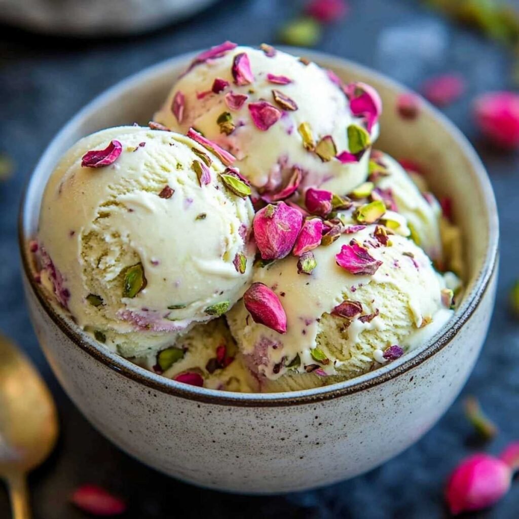 Rose Pistachio Cheesecake Ice Cream scoops in a ceramic bowl, topped with dried rose petals and crushed pistachios on a dark surface.