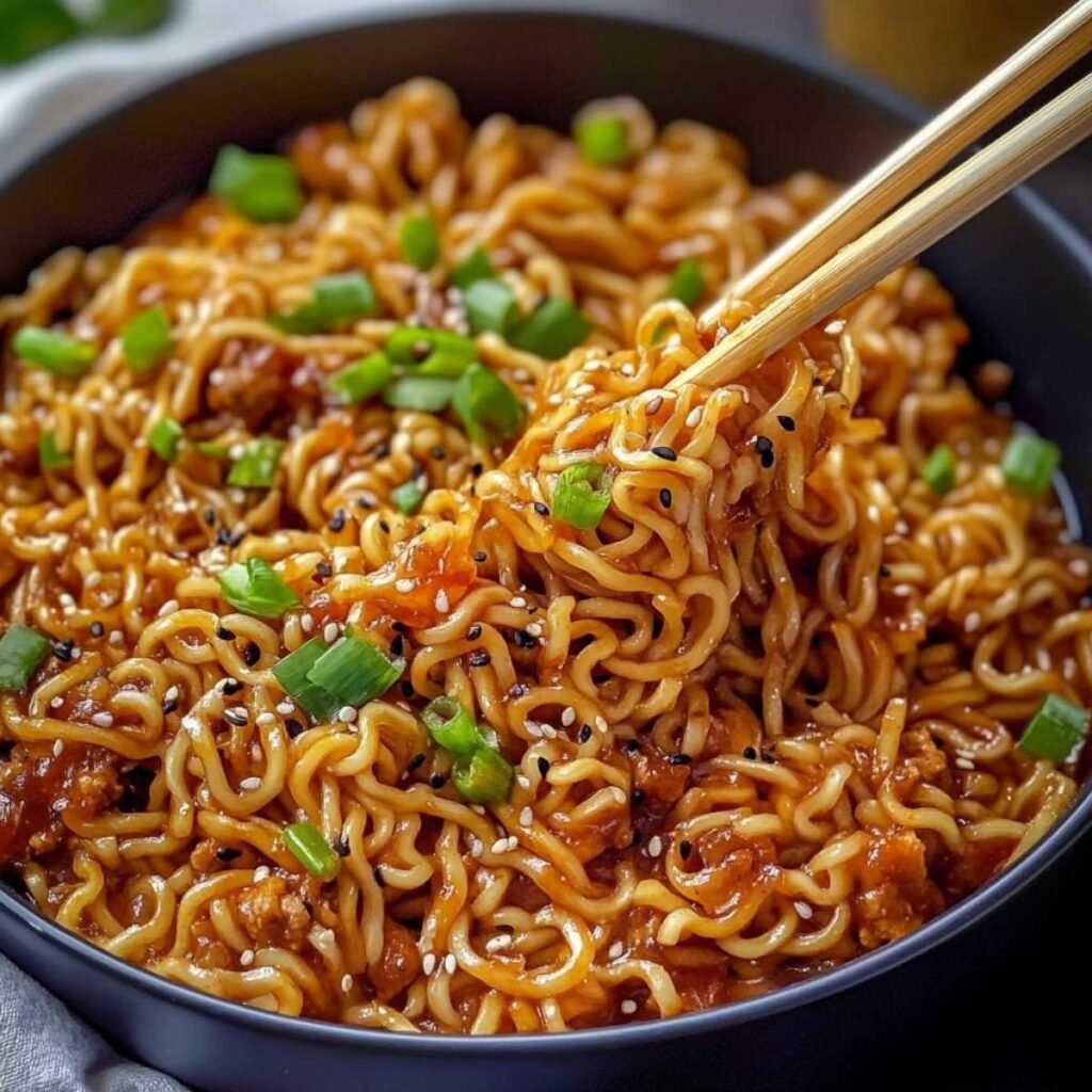 Close-up of Saucy Ramen Noodles showing glossy coated noodles and vibrant green onions, lifted with chopsticks in a black bowl.