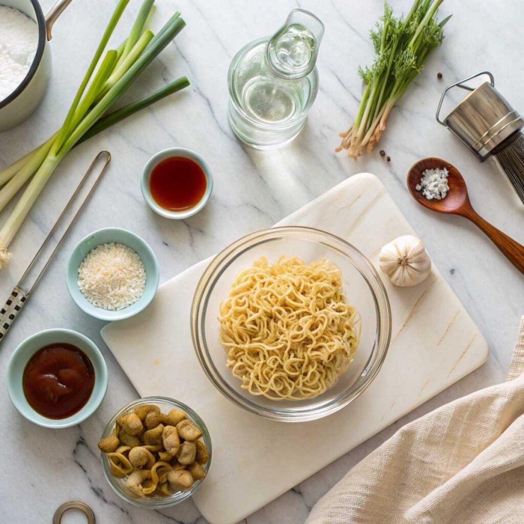 Fresh ingredients for Saucy Ramen Noodles including instant ramen, garlic, soy sauce, and maple syrup arranged on a modern marble surface.