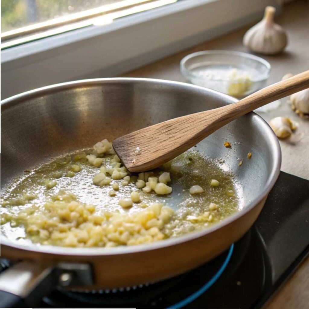Toasting garlic and ginger for Saucy Ramen Noodles - step 2 showing bubbling sesame oil and aromatic stir-fry in progress.
