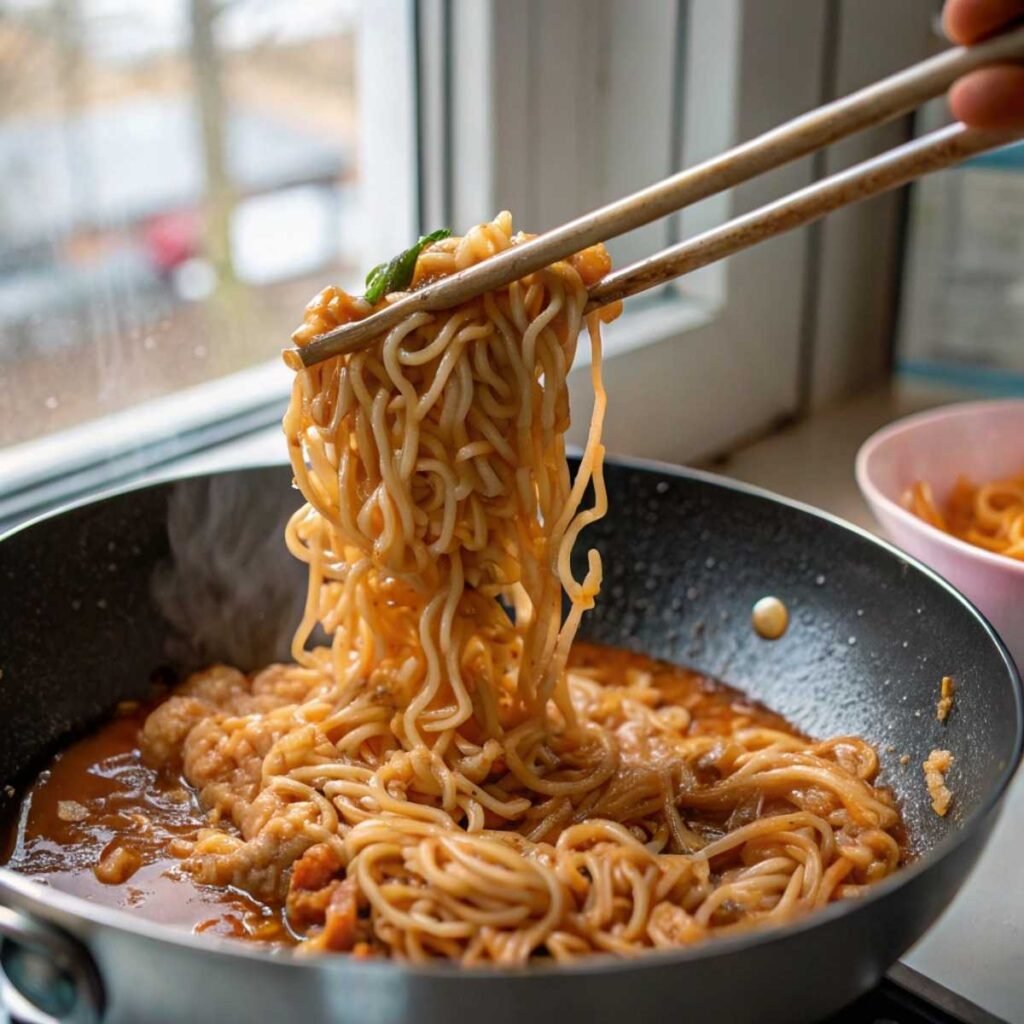 Tossing ramen noodles in sauce for Saucy Ramen Noodles - step 3 showing glossy coating and noodles mid-lift in skillet.