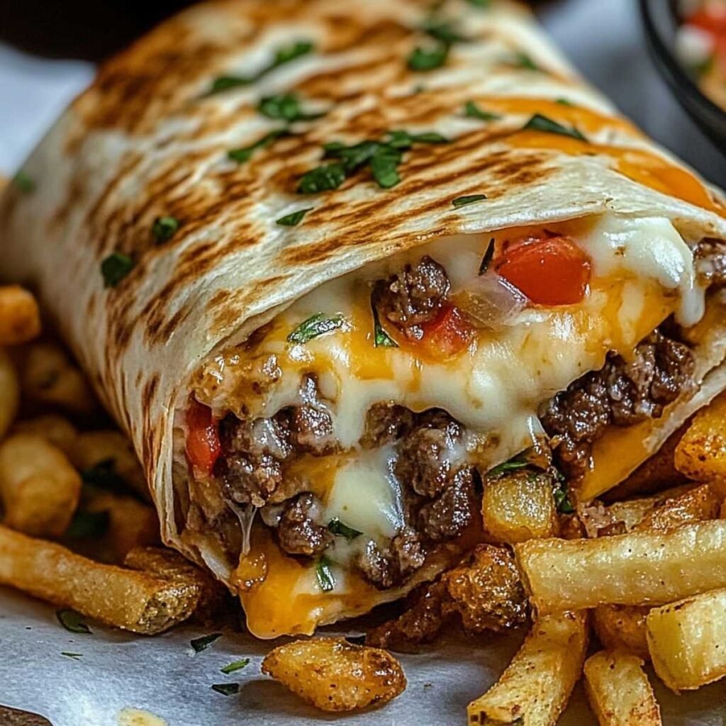 Steak Cheese Dirty Fry Burrito sliced open, stuffed with melted cheese, seasoned steak, fries, and pico de gallo on a toasted tortilla.