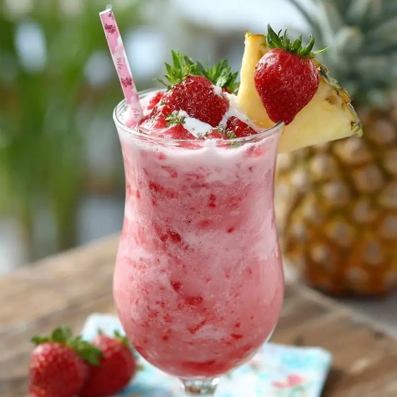 Close-up of Strawberry Pina Colada showing icy pink texture and fresh red strawberry, garnished with pineapple on a wooden tabletop.