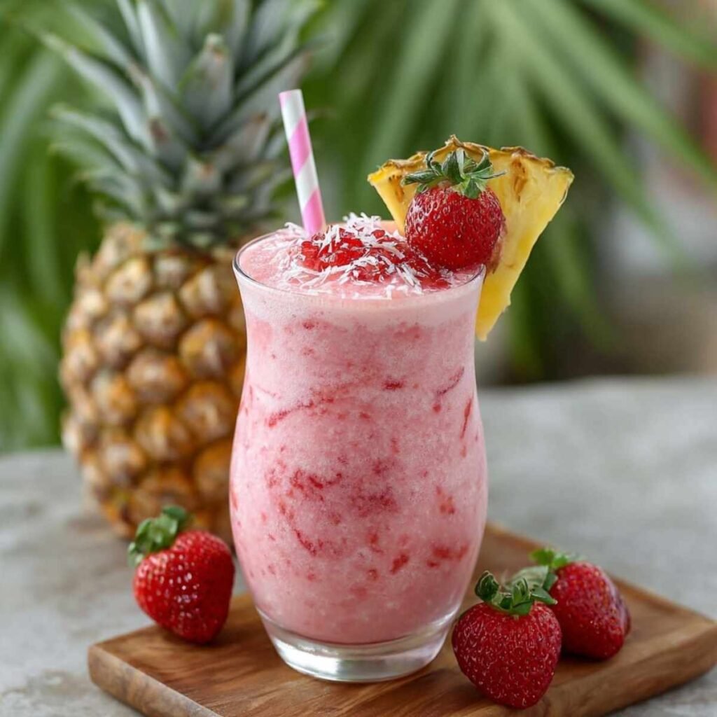 Strawberry Pina Colada on a marble surface, showcasing its pink swirl texture with fresh strawberry and pineapple garnish.