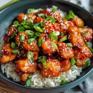 Sweet Chili Chicken on a modern marble countertop, showcasing its glossy glaze and topped with sesame seeds and fresh green onions.