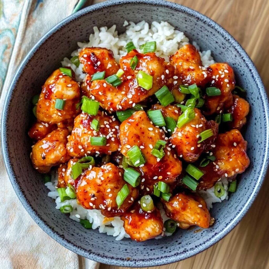 Close-up of Sweet Chili Chicken showing sticky glaze and sesame seeds, garnished with green onions on a bed of white rice in a rustic bowl.