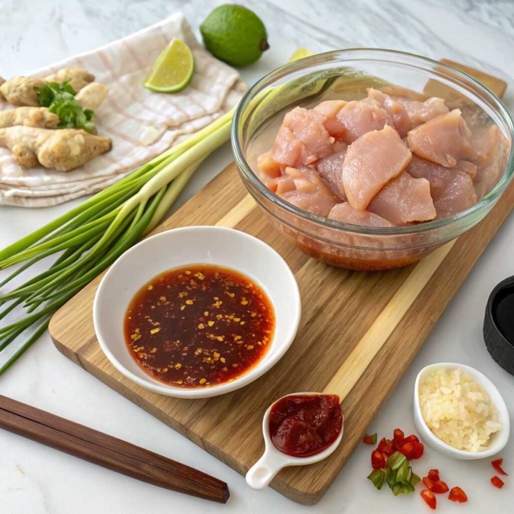 Fresh ingredients for Sweet Chili Chicken including raw chicken, sweet chili sauce, garlic, ginger, and lime on a marble surface.