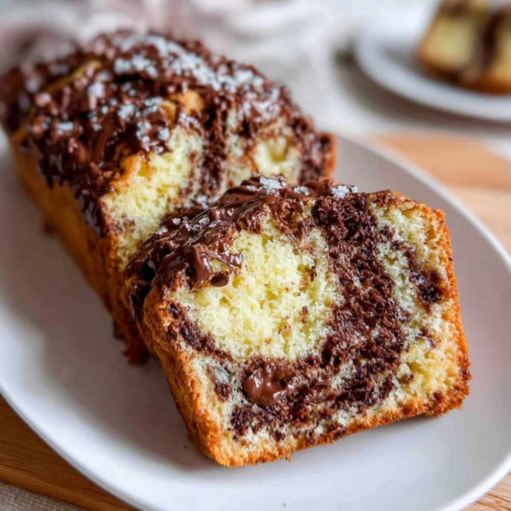 Close-up of Vanilla and Chocolate Marble Loaf Cake showing marbled crumb texture and melted chocolate topping, served on a white plate.