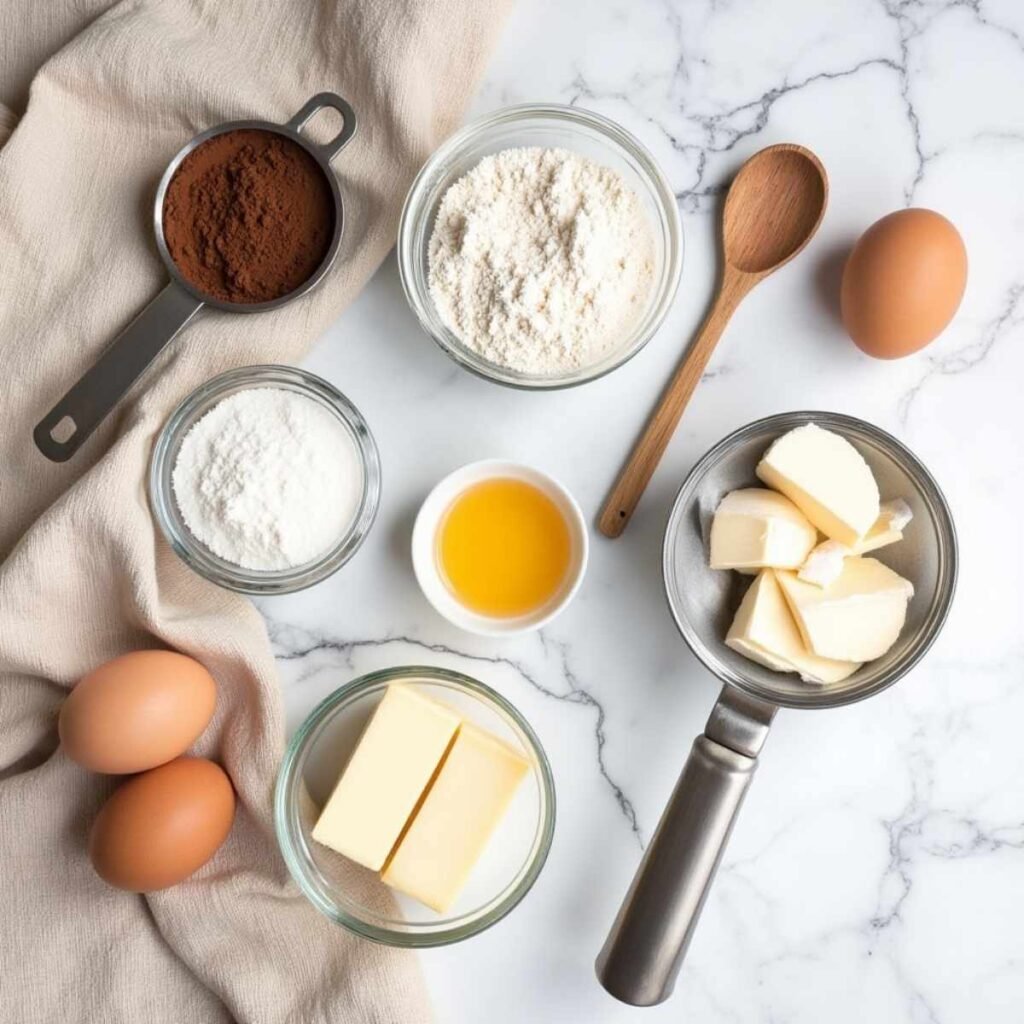 Fresh ingredients for Vanilla and Chocolate Marble Loaf Cake including cocoa powder, flour, eggs, and butter arranged on a modern marble surface.