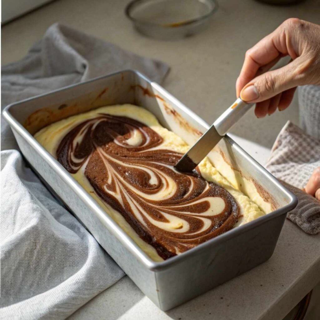 Swirling chocolate and vanilla batters for Vanilla and Chocolate Marble Loaf Cake - step 10 showing distinct marbled pattern being formed.