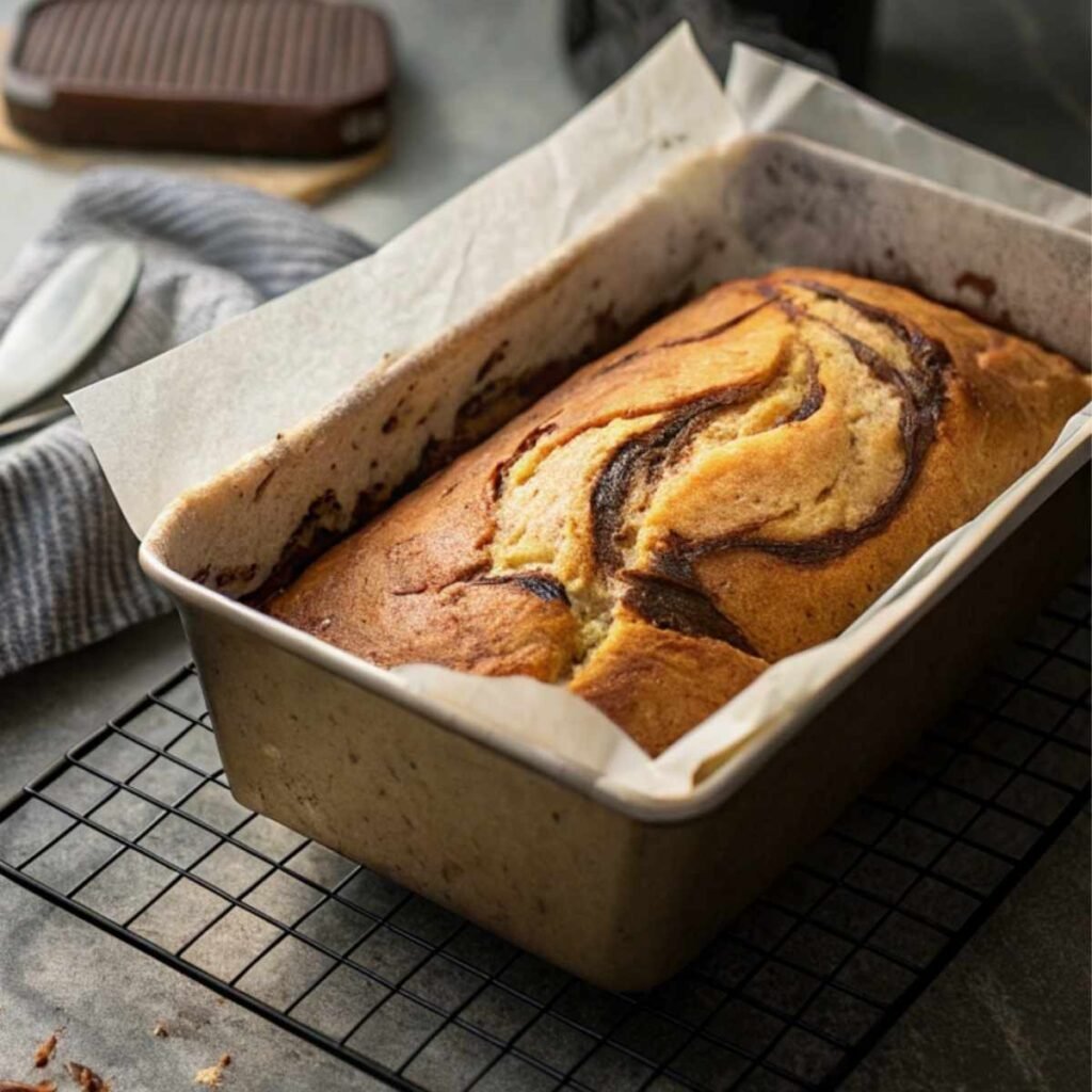 Baked Vanilla and Chocolate Marble Loaf Cake cooling in pan - step 11 showing golden top and visible swirls with steam rising.