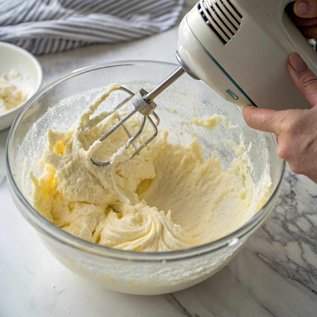 Mixing butter and sugar for Vanilla and Chocolate Marble Loaf Cake - step 5 showing fluffy pale yellow creamed texture in glass bowl.