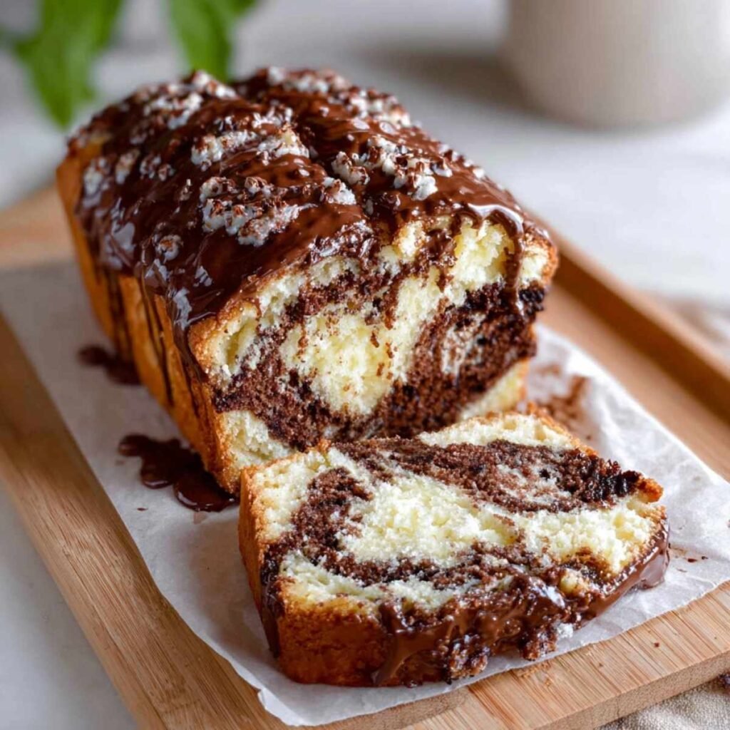 Vanilla and Chocolate Marble Loaf Cake on a modern wooden board, showcasing its rich swirls and melted chocolate drizzle.