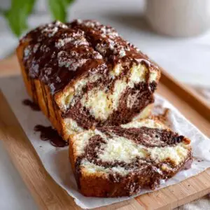 Vanilla and Chocolate Marble Loaf Cake on a modern wooden board, showcasing its rich swirls and melted chocolate drizzle.