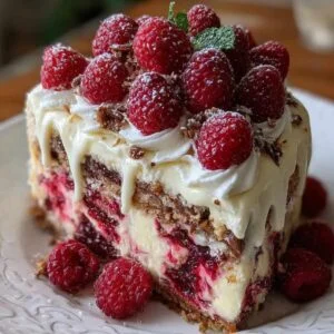 White Chocolate Raspberry Dream Cake on a ceramic plate, showcasing creamy white chocolate drips, tart raspberry layers, and fresh berry topping.