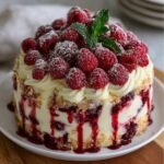 Close-up of White Chocolate Raspberry Dream Cake showing creamy swirls, raspberry drizzle, and fresh berries garnished with mint on a white plate.