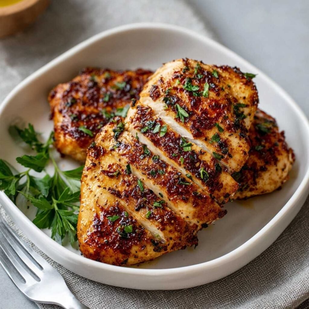 Close-up of Air Fryer Chicken Breast showing juicy interior and golden seared edges, garnished with fresh parsley on a white ceramic plate.