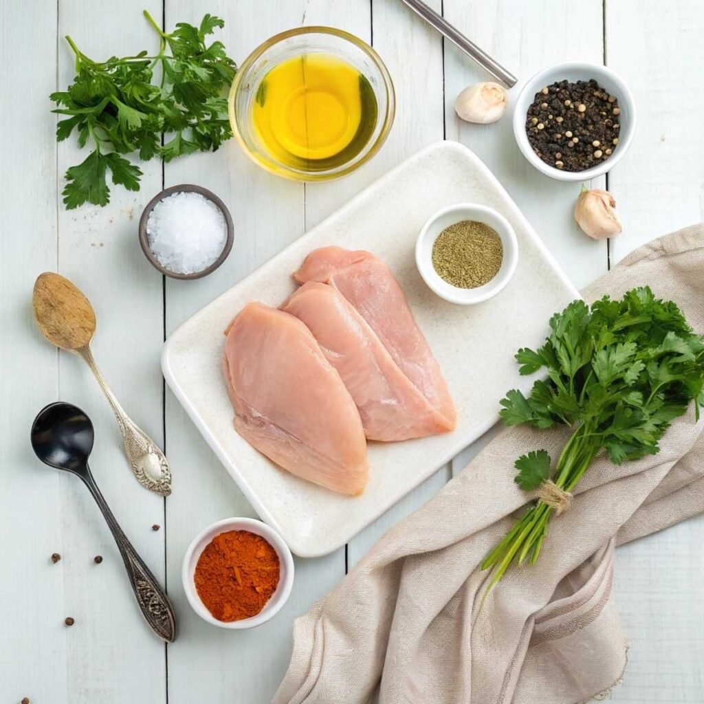 Fresh ingredients for Air Fryer Chicken Breast including raw chicken breasts, parsley, paprika, and garlic powder arranged on a white wood surface.