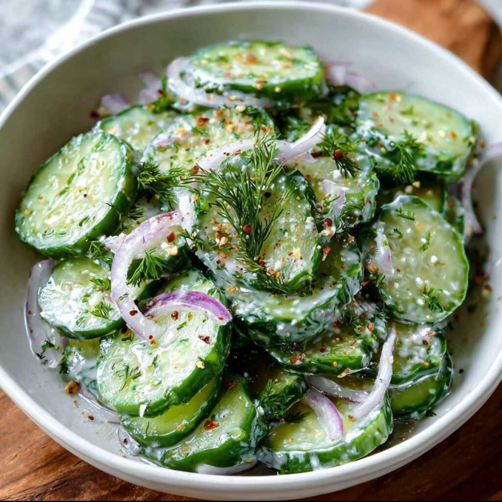 Close-up of Best Cucumber Salad showing crisp cucumber slices and fresh dill garnish with tangy vinegar dressing in white ceramic bowl.