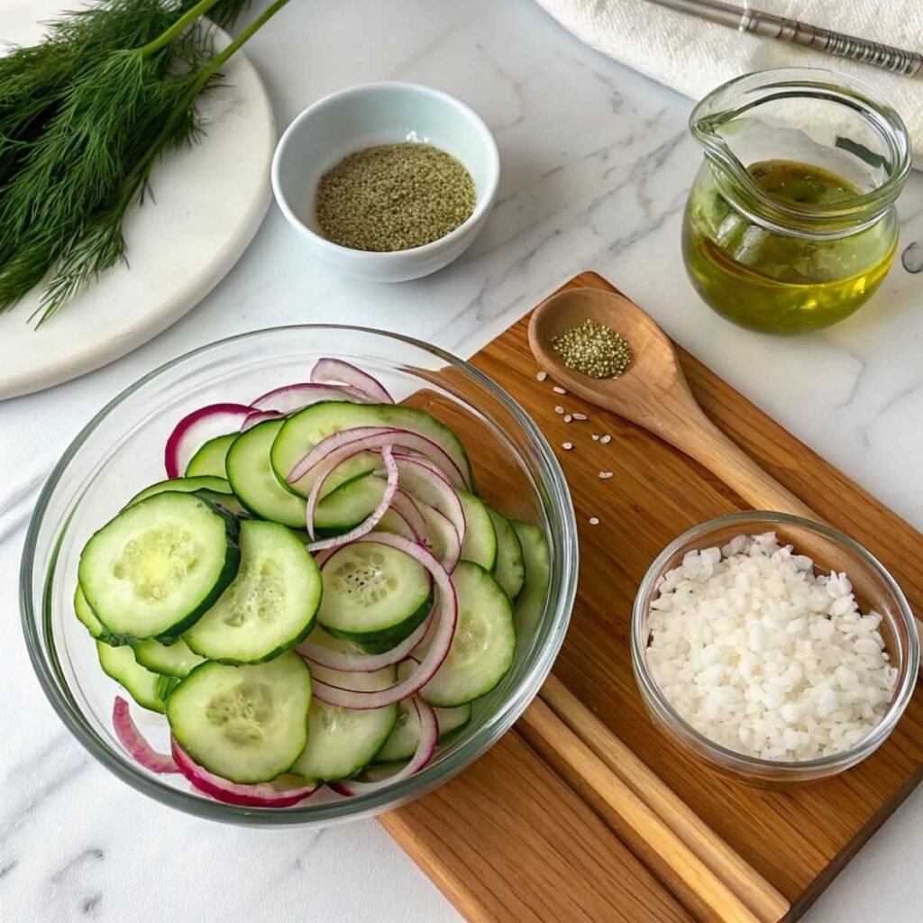 Fresh ingredients for Best Cucumber Salad including English cucumbers, red onion, fresh dill and rice vinegar on marble surface.