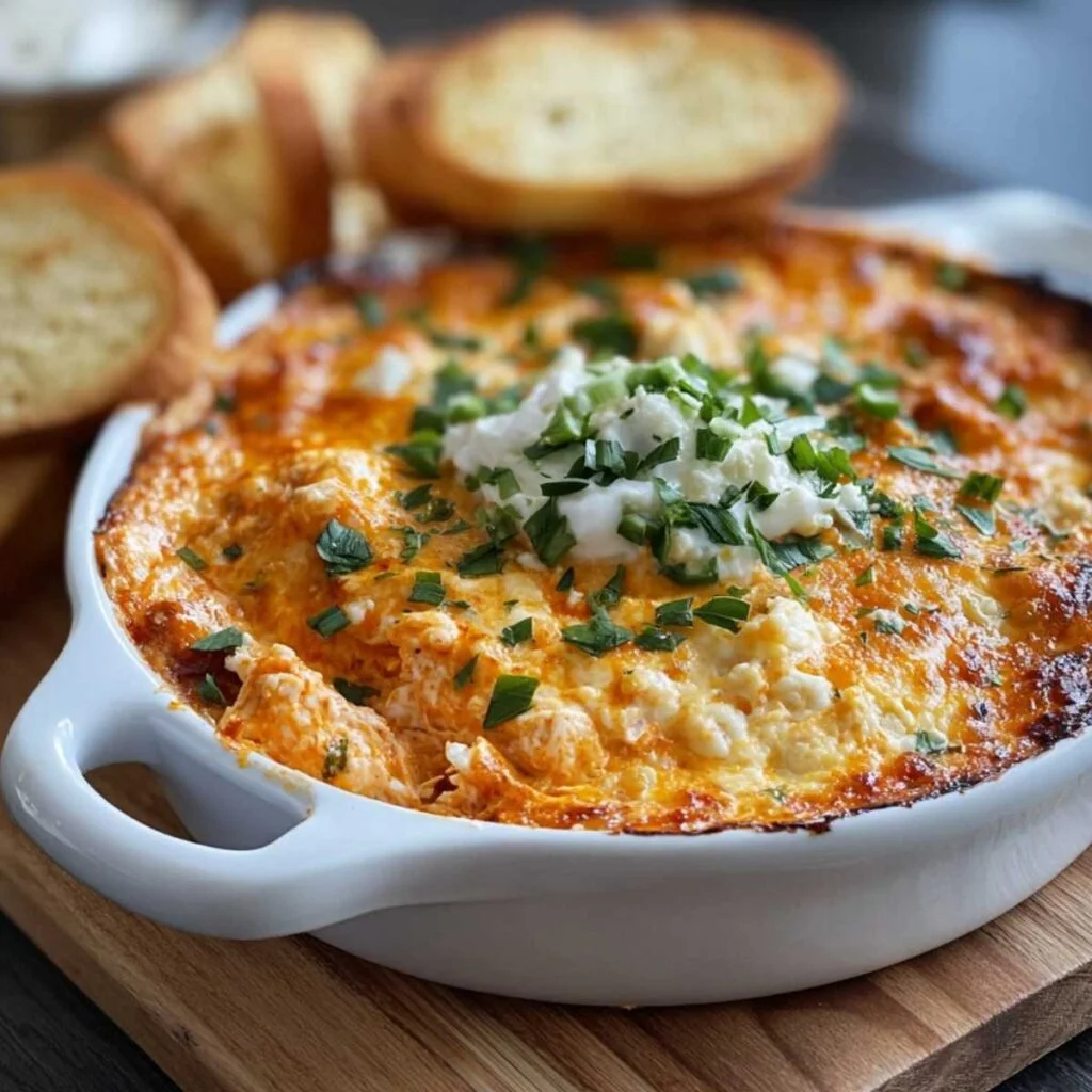 Baked buffalo chicken dip in white casserole dish showing golden-brown top, melted cheese, and fresh green onions on wood board.