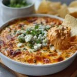 Buffalo chicken dip in white ceramic dish with melted cheese, blue cheese crumbles, green onions and tortilla chip on wooden board.