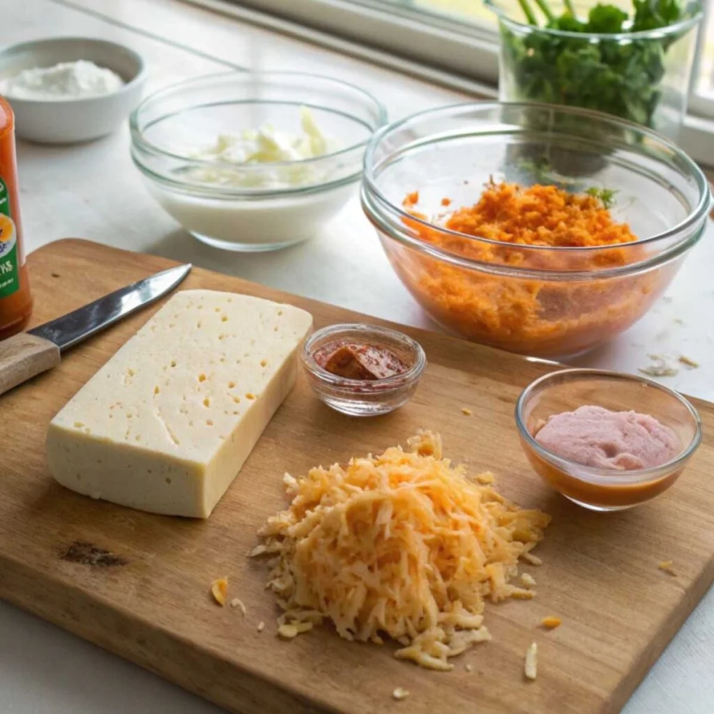 Buffalo chicken dip ingredients on wooden cutting board: cream cheese, shredded chicken, cheddar cheese, ranch and hot sauce.