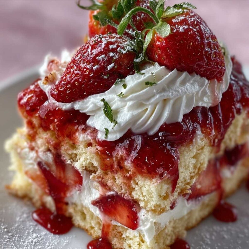 Close-up of strawberry shortcake showing moist cake texture and glossy red syrup, garnished with fresh mint on a white plate.