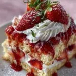 Close-up of strawberry shortcake showing moist cake texture and glossy red syrup, garnished with fresh mint on a white plate.