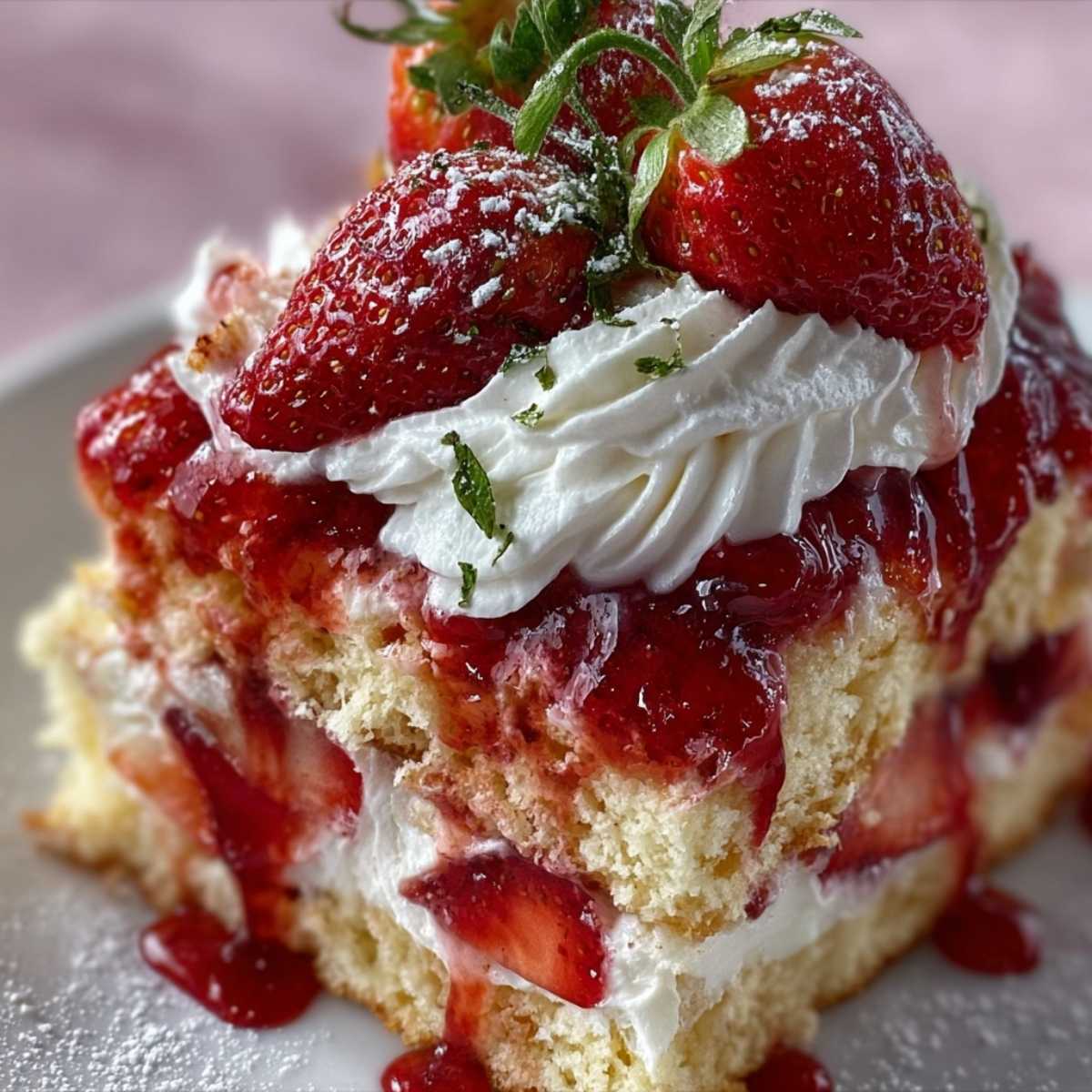 Close-up of strawberry shortcake showing moist cake texture and glossy red syrup, garnished with fresh mint on a white plate.