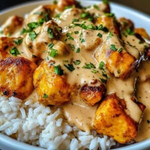 Creamy Smothered Chicken Rice on a modern marble countertop, showcasing its velvety sauce over golden chicken with fluffy white rice.