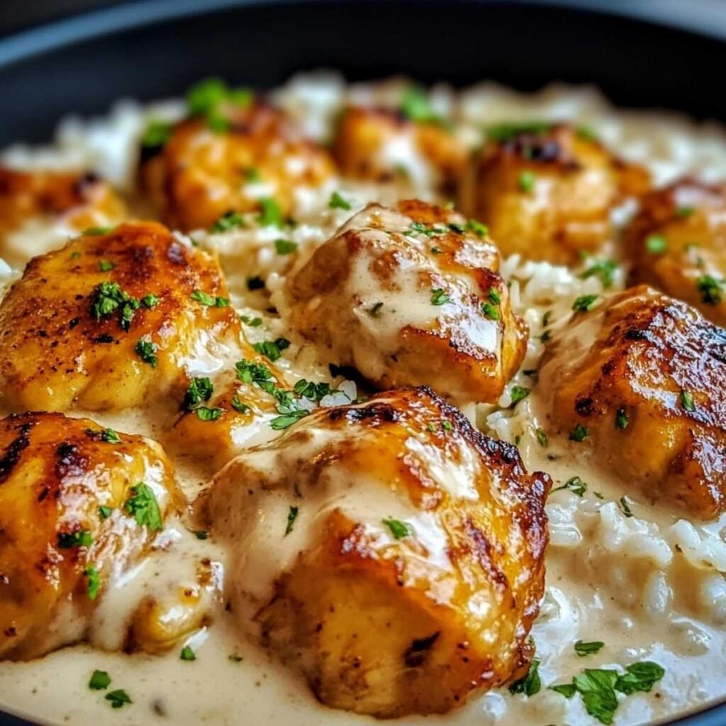 Close-up of Creamy Smothered Chicken Rice showing golden seared chicken and creamy sauce over fluffy white rice, garnished with fresh parsley in a skillet.