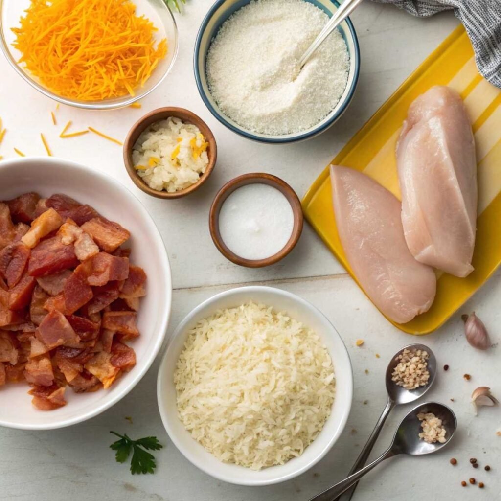 Fresh ingredients for Creamy Smothered Chicken Rice including raw chicken breasts, cheddar cheese, bacon, and ranch seasoning on a marble surface.