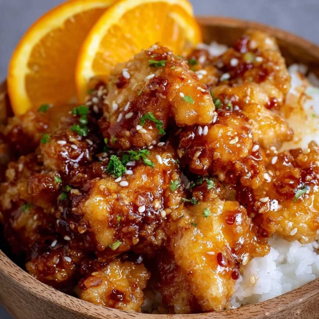 Close-up of Crispy Orange Chicken showing golden fried texture and glossy orange glaze, garnished with sesame seeds and orange slices in a wooden bowl.