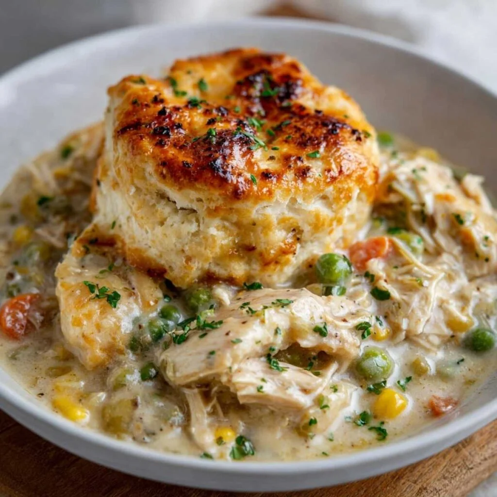 Close-up of Crockpot Chicken Pot Pie showing fluffy golden biscuit layers and creamy filling with shredded chicken, peas, corn and carrots on white plate