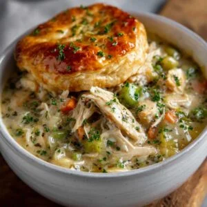 Crockpot Chicken Pot Pie in a gray bowl, showcasing golden biscuit on top with shredded chicken and mixed vegetables in creamy sauce below